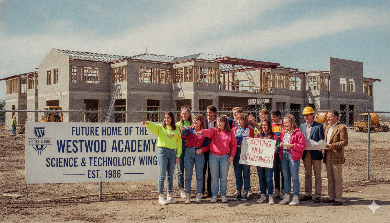 A new school wing under construction with students and faculty observing.